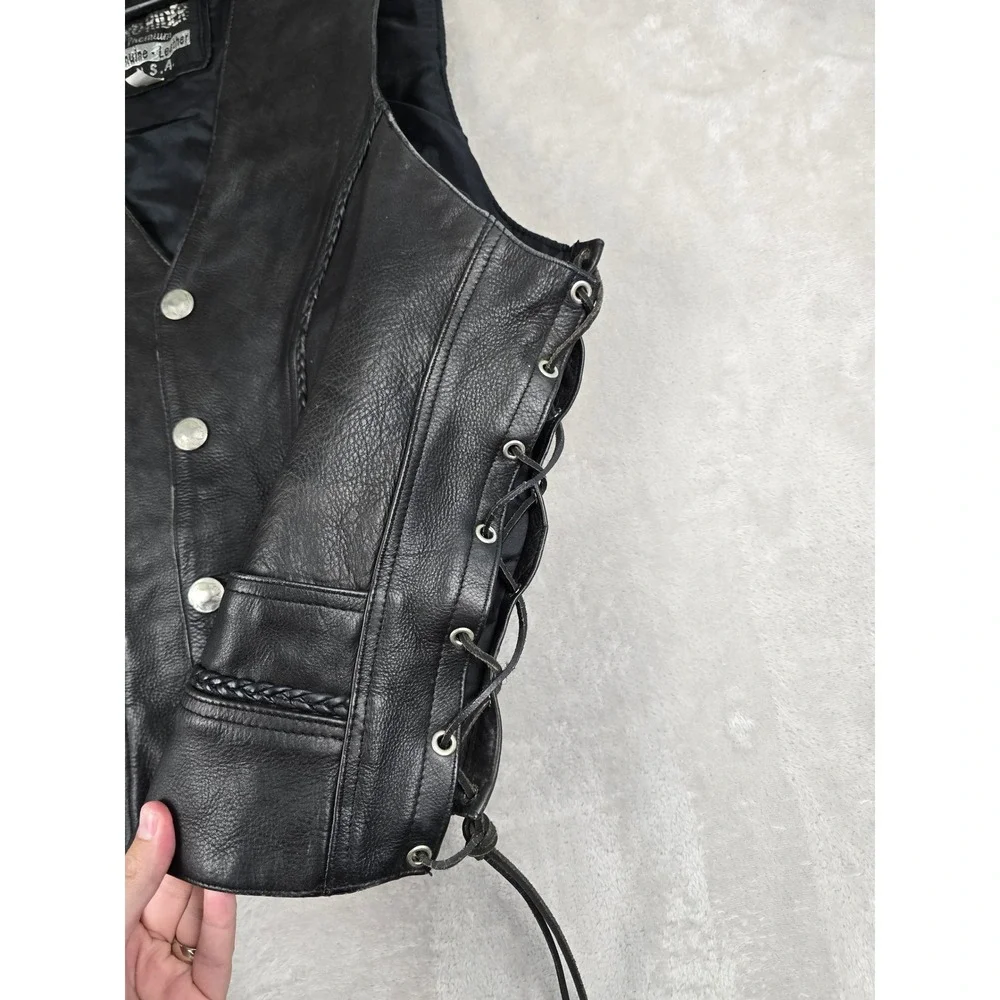 Pro-Rider Premium Leather Biker Vest Mens 50 Black Buffalo Buttons Side Lace Up